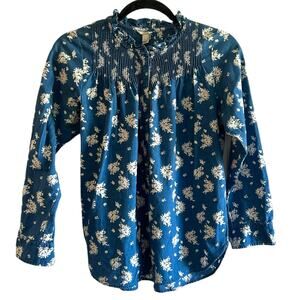 J Crew Blue White Floral Cotton Blouse Top Shirt Smocking Size 0